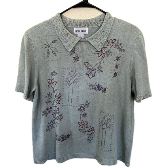 Alfred Dunner Womens XL Floral Embroidered Sage Green Knit Short Sleeve Sweater - Picture 1 of 4
